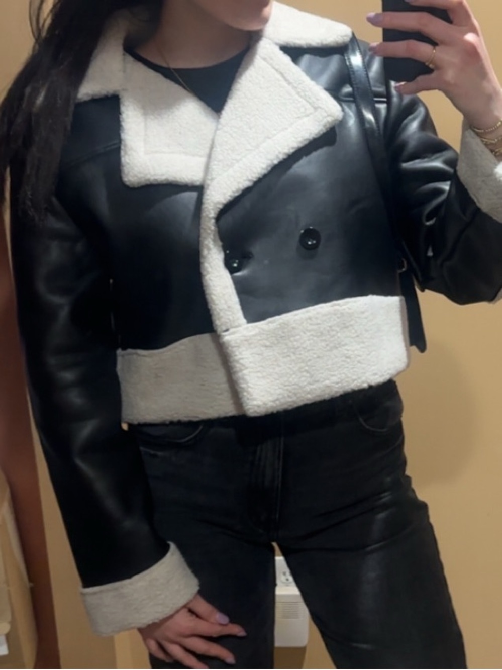 Steve Madden Black Jacket with Cream Faux-Shearling Trim